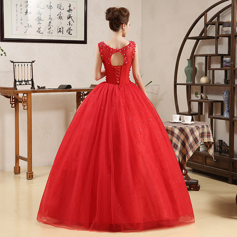 Red Retro Korean Style Big Long Train Wedding Dress 2020 Vestidos De Novia Real Photo Plus Size Princess Brid Lace with Flowers