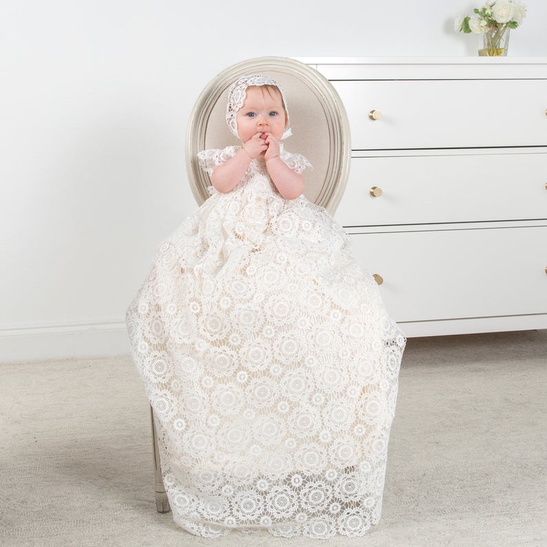 Elegant White Ivory Christening Gown Lace Baby Girls Baptism Dresses Toddler Infant Christening Dress With bonnet