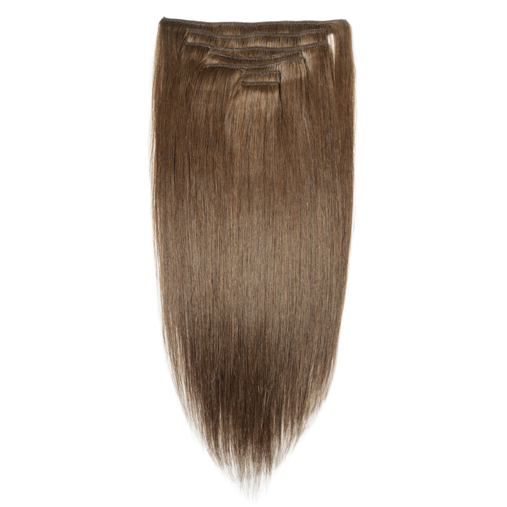 Chocolate Brown In Real Human Hair For Women Slik Straight Double Weft Clip Ins On Extensions Full Head 120G 8Pcs