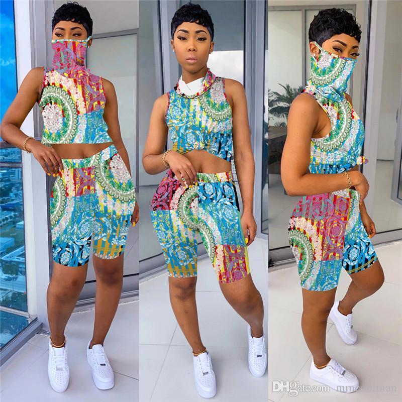 2023 Women Designer T-shirt Shorts tracksuits Outfits Jogger Suit 2 Piece Set With Mask Sleeveless Pullover Tie-dye Summer Casual Clothes Tracksuit