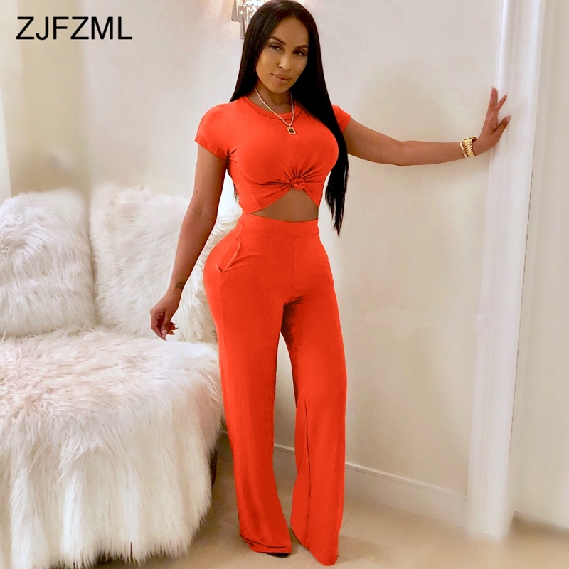 ZJFZML Summer 2 Piece Matching Sets Women O Neck Short Sleeve Crop Top+Full Length Wide Leg Pant Casual Solid Two Pieces Outfits