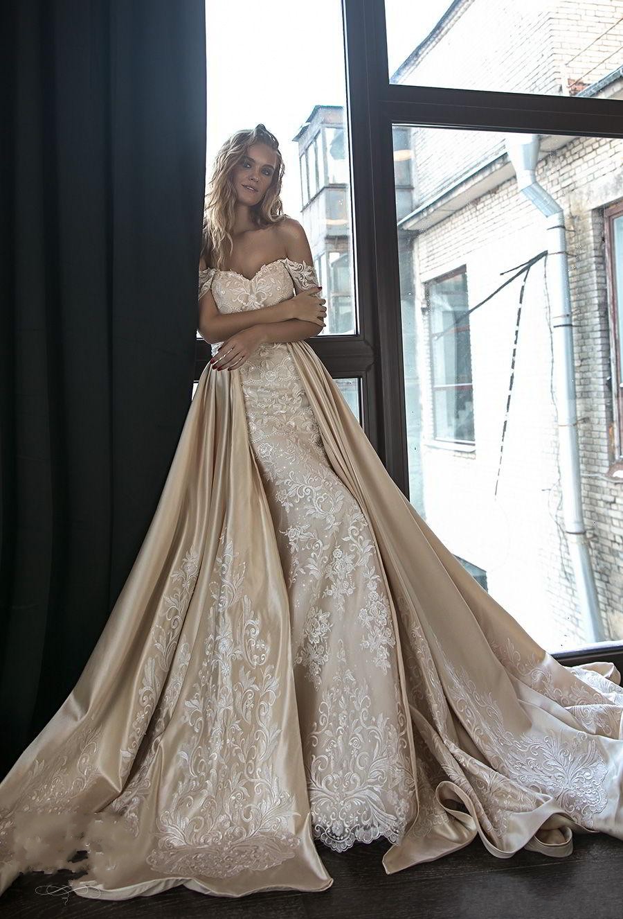 New Arrival Stunning Lace Champagne Mermaid Dresses With Detachable Satin Train Off Shoulder Wedding Dress Bridal Gowns Vestidos
