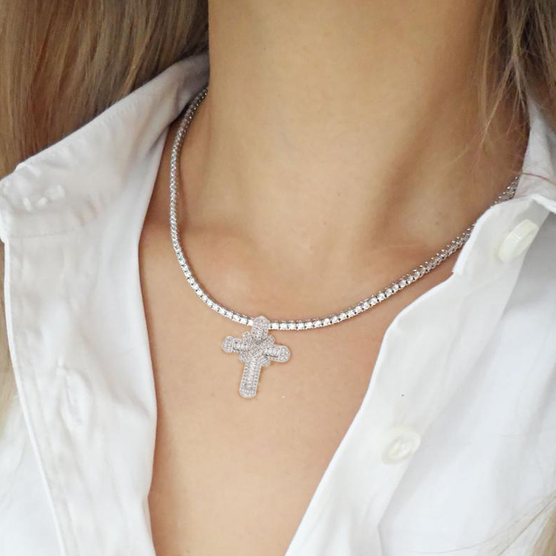 Sterg Sier Cross Pendant Necklace with White Sapphire CZ Dia for Women - Hip Hop Vintage Fashion Jewelry 491a