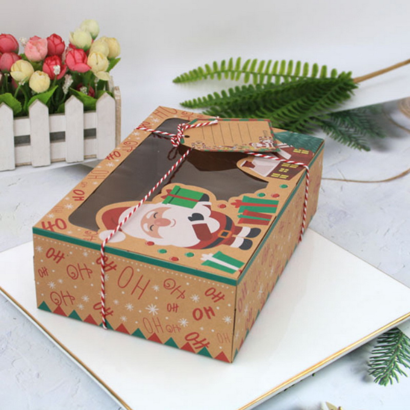 24 pcs New Kraft Paper Box Kraft Paper Large Christmas Candy Box PVC Window Biscuit Gingerbread Christmas Decorations