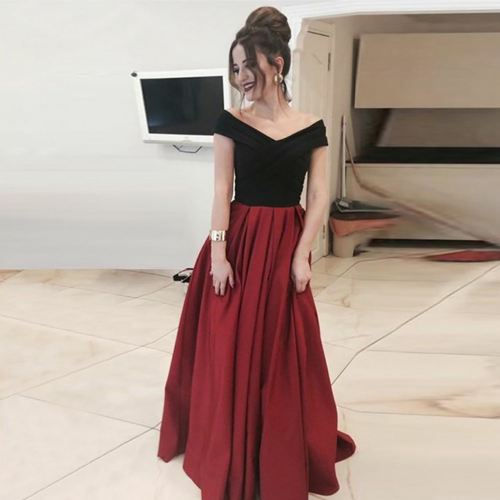 New Customize Evening dress Simple Off the Shoulder V-Neckline A-Line Satin Dress vestido de fiesta Burgundy Prom Dresses Long