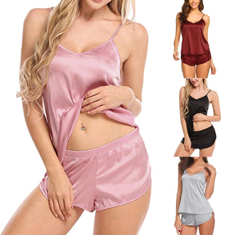 2 Pcs Women Pajamas Sets Satin Camisole Nightwear Lingerie Sexy Spaghetti Strap Vest Shorts Stretch Sleepwear Female Homewear, Wine red 
2 Pcs Women Pajamas Sets Satin Camisole Nightwear Lingerie Sexy Spaghetti Strap Vest Shorts Stretch Sleepwear Female Homewear, Wine red