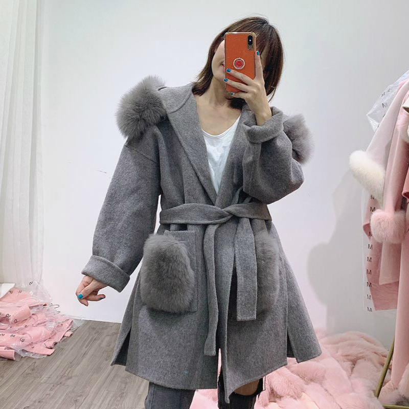 OFTBUY Real Fur Coat Winter Jacket Women Natural Fox Fur Collar Pocket Cuffs Hood Cashmere Wool Woolen Oversize Ladies Outerwear
