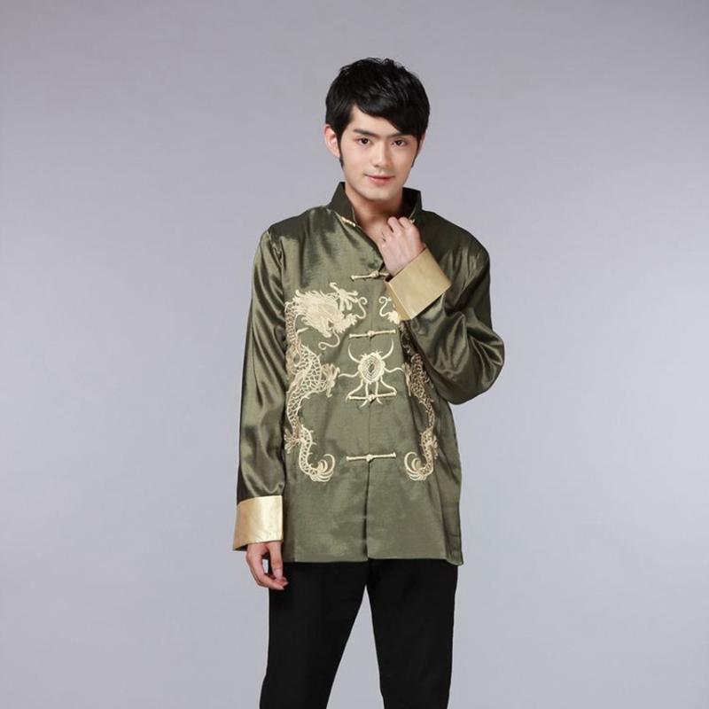 8 Color Chinese Shirt Traditional Chinese Clothing for Men Top Men Tang Suit Dragon Satin Long Sleeve Costume Retro