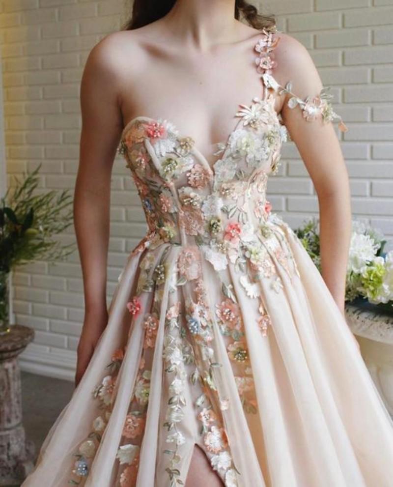 One Shoulder 3D Floral Long A-Line Tulle Prom Dresses Sexy Junior Special Dress Lace Applique Beaded Split Floor Length Formal Party Evening