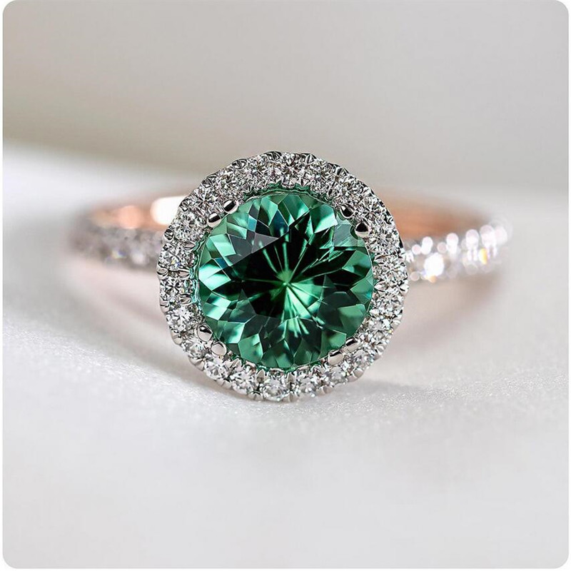 CZ Ring - Sterling Sier & Rose Gold Filled Round Cut Emerald Ring, Size 6-10, Elegant Crown Design for Women's Wedding Party Free shipping