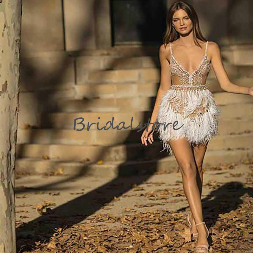 Sexy Ogstuff Short Prom Dresses Deep V Neck Spaghetti Straps Backless Short Formal Evening Dreses 2020 Beaded Crystal Cocktail Party Skirts