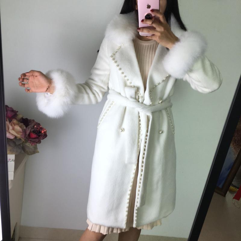 Large fur collar pearl cashmere coat women fashion white mid-length thick warm belted long overcoat, White 2
Large fur collar pearl cashmere coat women fashion white mid-length thick warm belted long overcoat, White 2