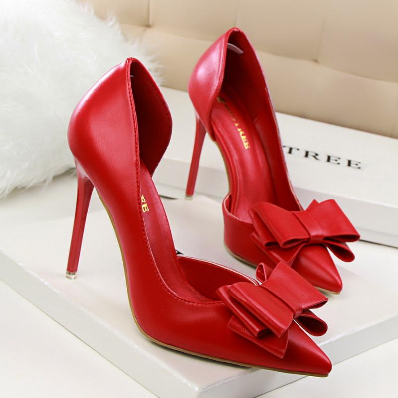 Korean version of bowknot high heels shallow mouth pointed side empty super high heel women's singles, Red
Korean version of bowknot high heels shallow mouth pointed side empty super high heel women's singles, Red