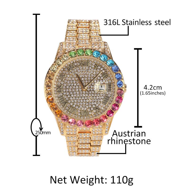 Single row crystal hip hop color zircon Gold Silver Men Watch & Necklace & Bracelet Set Hip Hop Three piece set Holiday gift