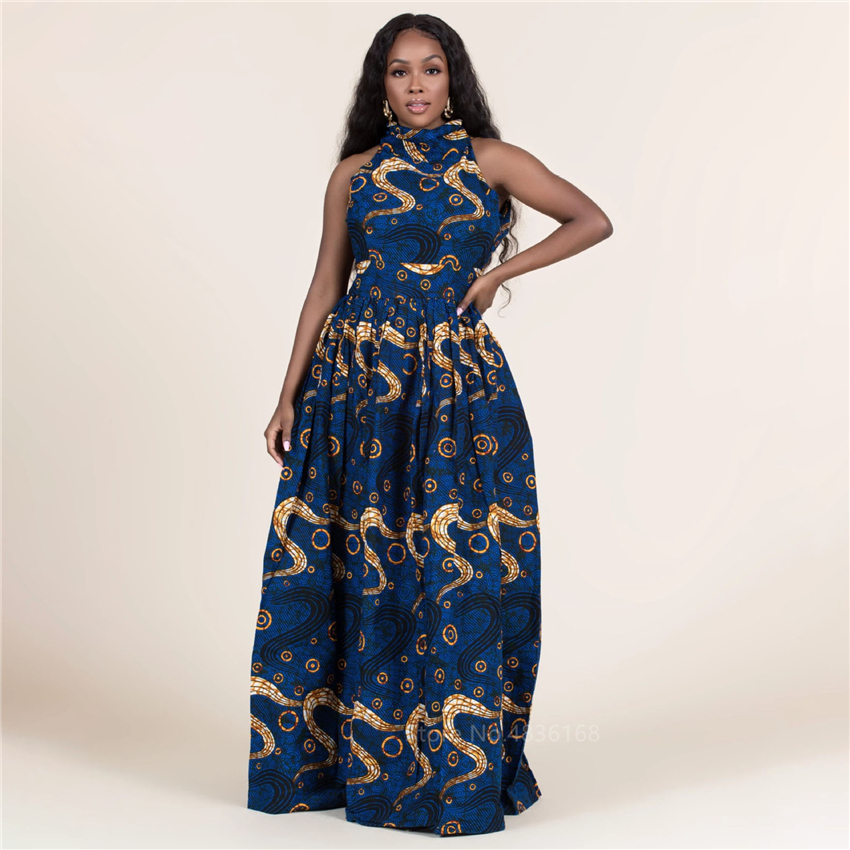 Fashion 2020 Sleeveless African Dresses for Women Sexy Dashiki Print Long Robe Halter Ladies Ankara Africaine Plus Size Clothing CX200813