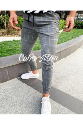 Mens Casual Slim Fit Pants Sport Tracksuit Skinny Joggers Sweatpants Stretch Trousers Plaid Men