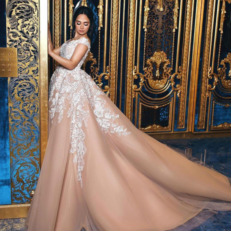 Gorgeous Arabic Champagne And White Lace Wedding Dresses A Line Off Shoulder Ruffle Appliqued Full Length Back Lace-up Corset Bridal Gowns
