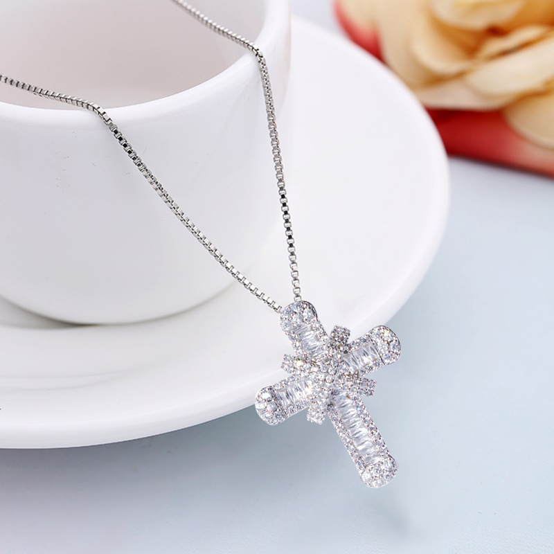 Sterg Sier Cross Pendant Necklace with White Sapphire CZ Dia for Women - Hip Hop Vintage Fashion Jewelry 491a