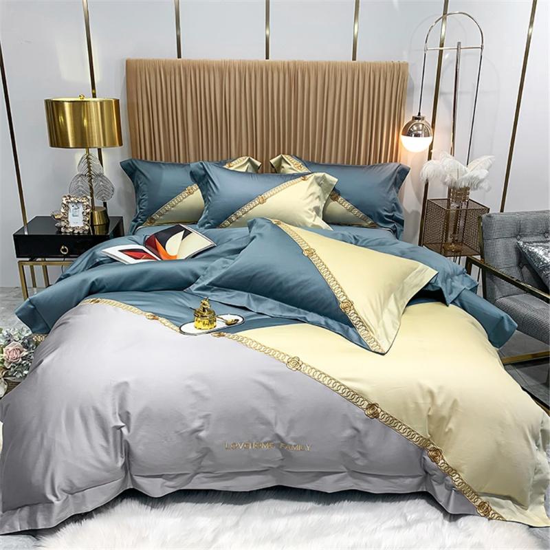 4 Piece Bedding Set Luxury Egyptian Cotton Duvet Cover Set Blue and Gray Bed Linen Queen King Size Bedclothes Gold Embroidered
4 Piece Bedding Set Luxury Egyptian Cotton Duvet Cover Set Blue and Gray Bed Linen Queen King Size Bedclothes Gold Embroidered
