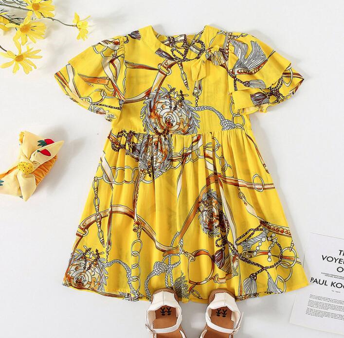 Summer new girl princess skirt, short-sleeved ethnic style waist neckline bowknot dress 2-6 years old LY050