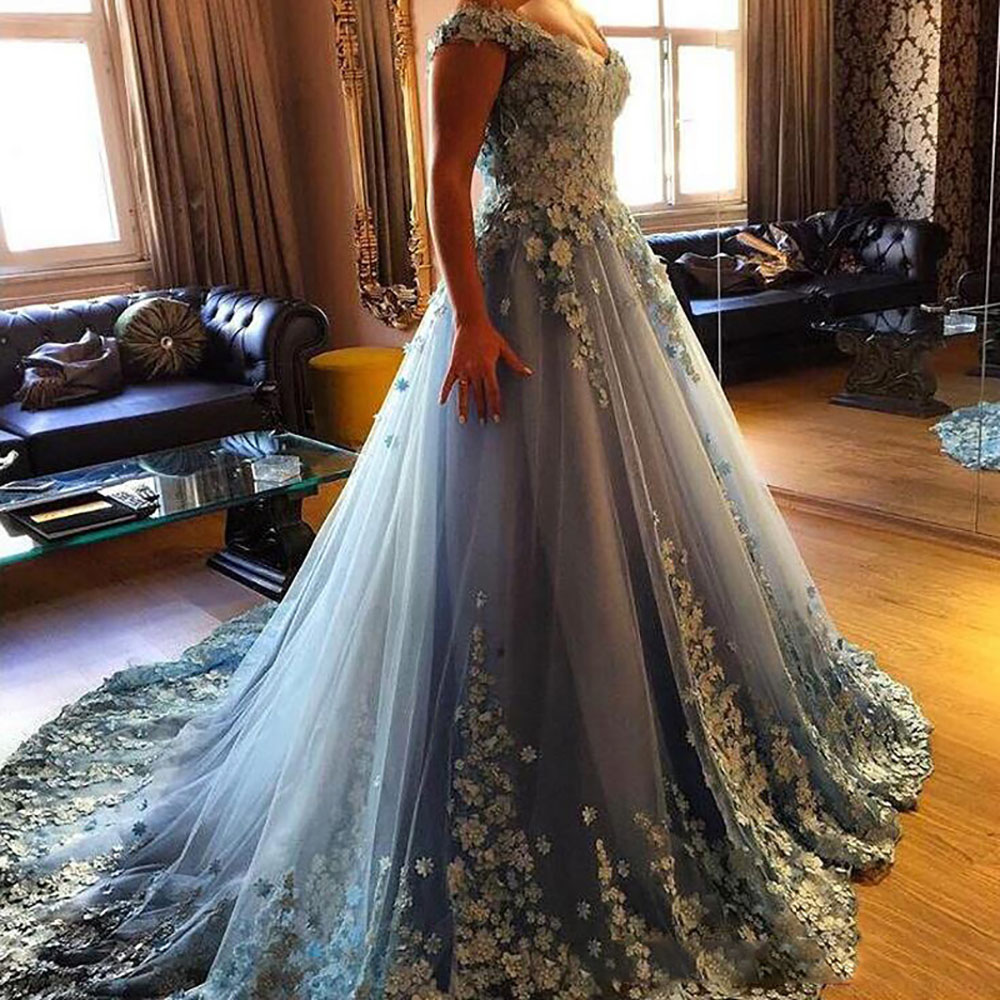 Custom Made Dusty Blue Evening Dress Formal Dresses vestido de festa Party Gowns Appliques A Line Elegant Evening Gown abiye