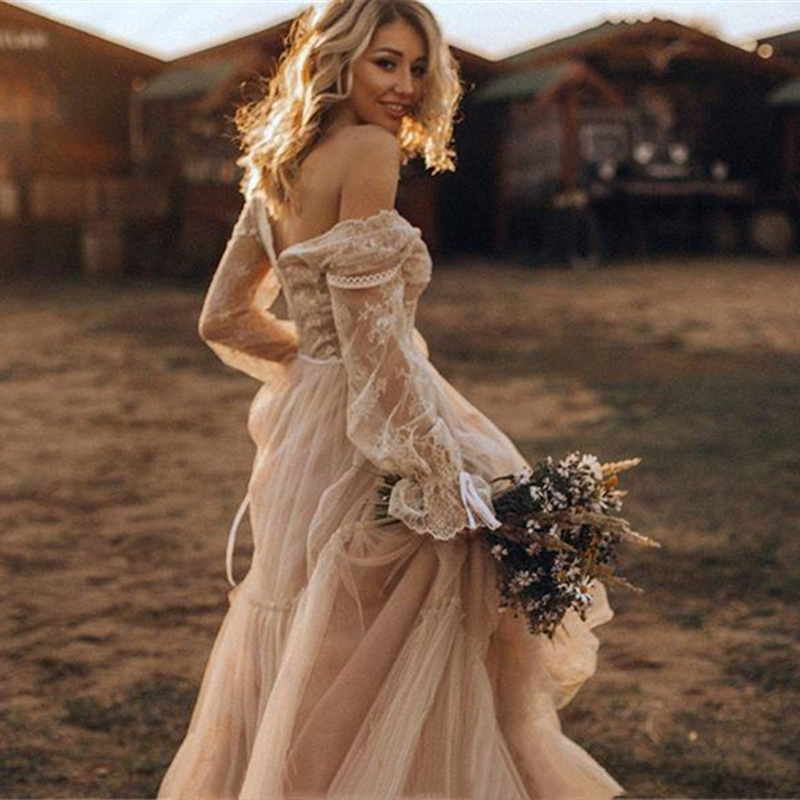 Hippie Bride Boho Beach Wedding Dresses Gown Champgane Lace Tulle Long Sleeve Off Shoulder Country Bridal Gowns Casual Bohemian vestido de noiva