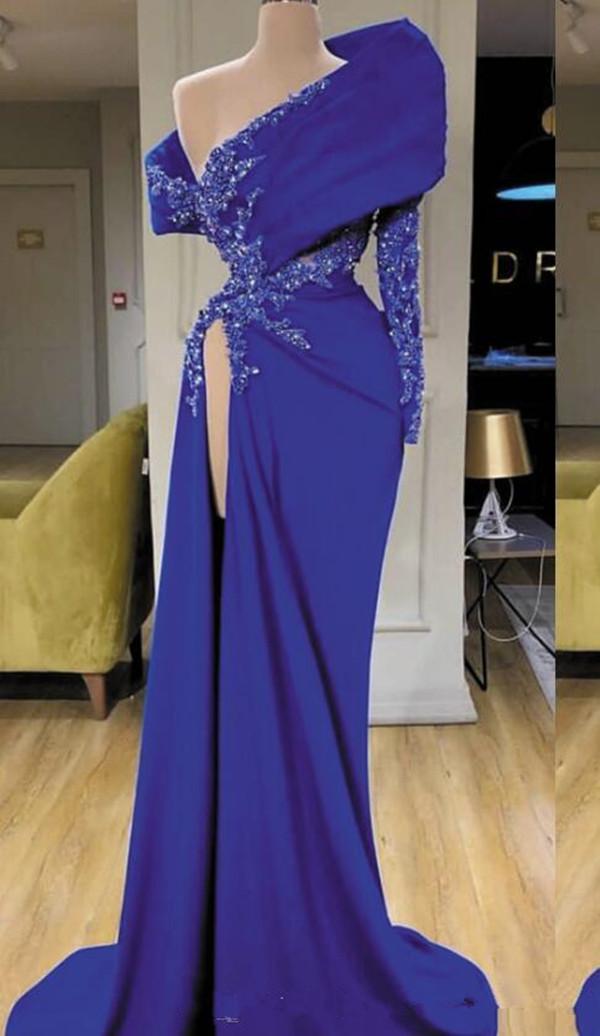 Royal Blue 2021 Evening Dresses Long Sleeves Mermaid Beaded Women High Side Split Pageant Party Prom Gowns Satin Formal Dress