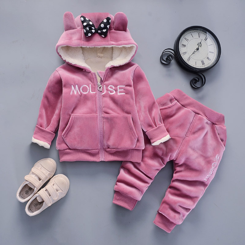 Mouse Girls Clothing Sets Winter Keep Warm Plus Velvet Thickening Bear Boy Clothing Set Hooded Zipper Jacket And Pants Kids Suit