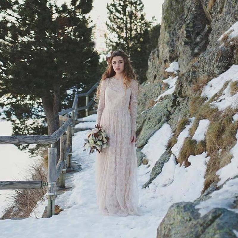 Vintage Full Beige Lace Boho beach Wedding Dresses Illusion Long Sleeve Open Back Bridal Gowns Hippie Bohemian Bride Dress vestidos de noiva