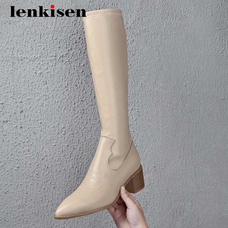 Lenkisen riding boots genuine leather embroidery british streetwear pointed toe thick high heel zipper dress knee high boots L64, Black
Lenkisen riding boots genuine leather embroidery british streetwear pointed toe thick high heel zipper dress knee high boots L64, Black