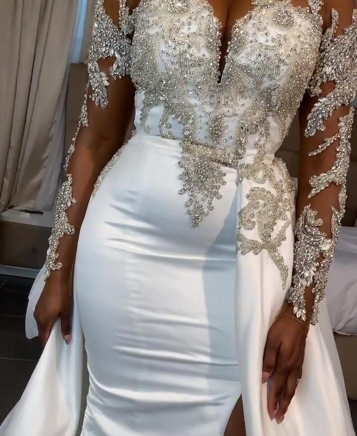 2020 Plus Size Arabic Aso Ebi Luxurious Crystals Lace Wedding Dresses Sheer Neck Mermaid Bridal Dresses High Split Wedding Gowns JJ023