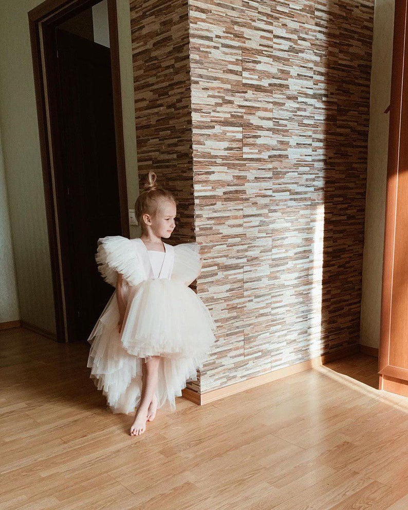 Flower Girls Dresses Square Neck Ruffle Hi Lo Children Birthday Party Dress Custom Made Satin and Tulle Kids Formal Gowns
