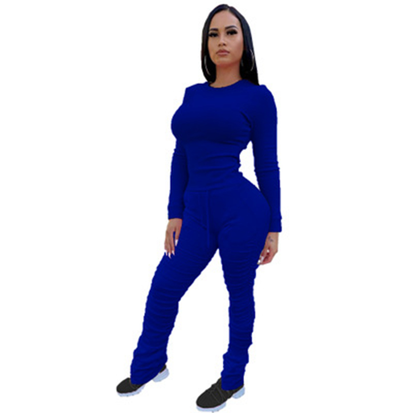 Spot Pants European and American spring summer women's fashion pleated solid color long sleeve suit