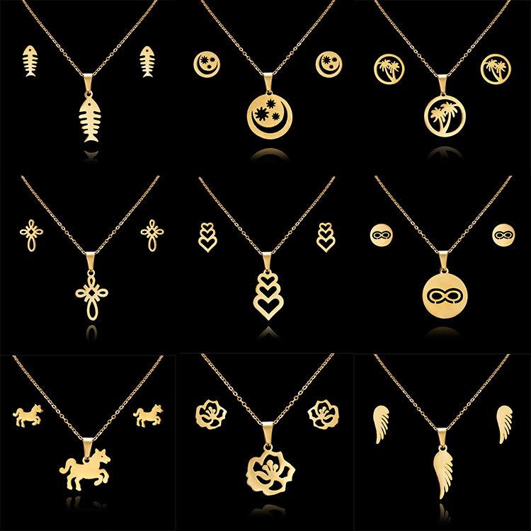 New Fashion Bridal Gold Stainless Steel Fish Bone Wing Horse Flower Pendant Necklace Earrings Jewelry Set For Women
New Fashion Bridal Gold Stainless Steel Fish Bone Wing Horse Flower Pendant Necklace Earrings Jewelry Set For Women