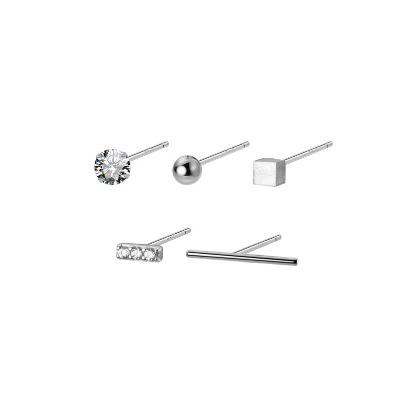 5Pcs/set 925 Sterling Silver Stud Earrings Minimalist Mix Round Ball Bar Geometric CZ Zircon Earrings Fine Jewelry Gift