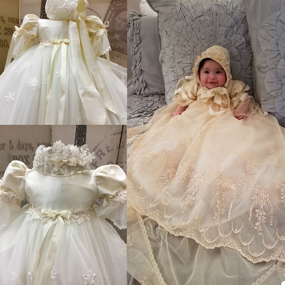 Champagne Gold New 2021 Gown Lace Beaded Baby Girls Baptism Dresses Toddler Infant Christening Dress With bonnet