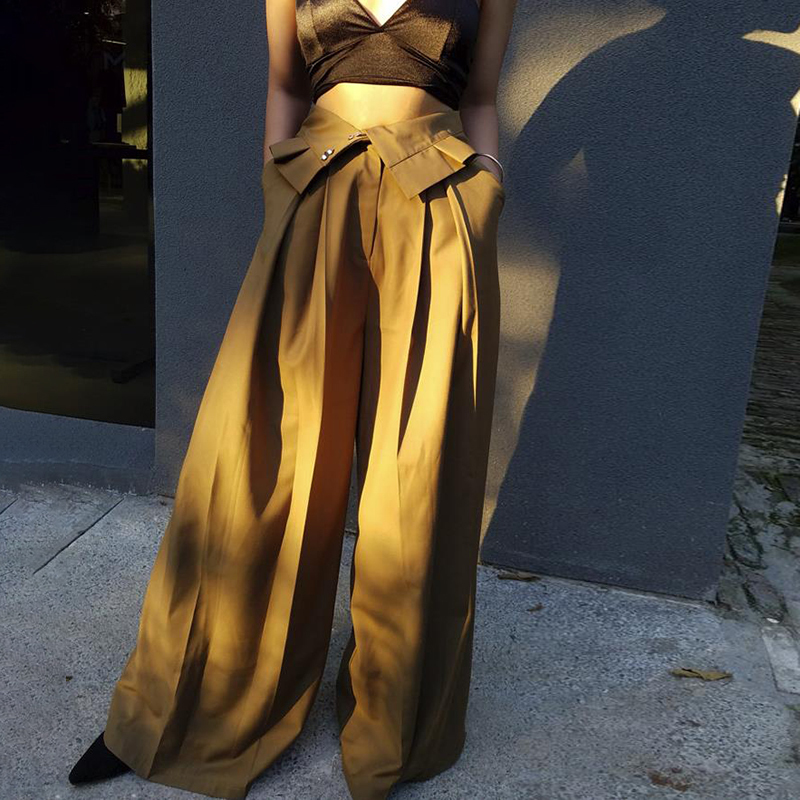 VGH Elegant Streetwear Style Women Full Length Pant High Waist Loose Ruffles Pleated Wide Leg Pants For Female Fashion Clothing CX200812