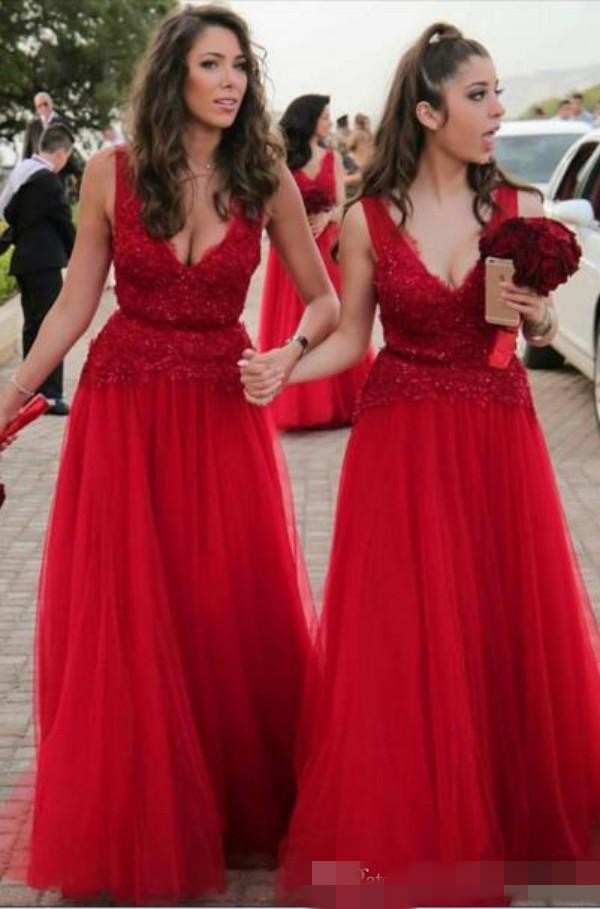 Red Deep V Neck Bridesmaid Dresses Lace Applique Tulle Beaded Floor Length Ribbon Custom Made Maid Of Honor Gown Plus Size