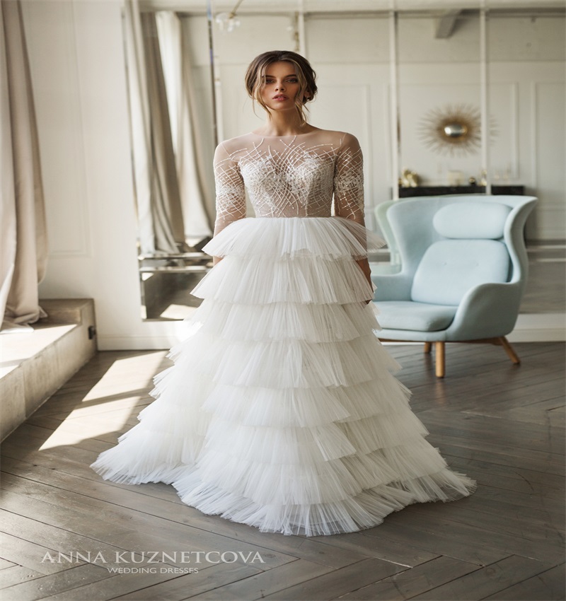 gorgeous sequins wedding dresses newest a line beach illusion appliqued bridal gown custom made tiered tulle custom made robes de marie