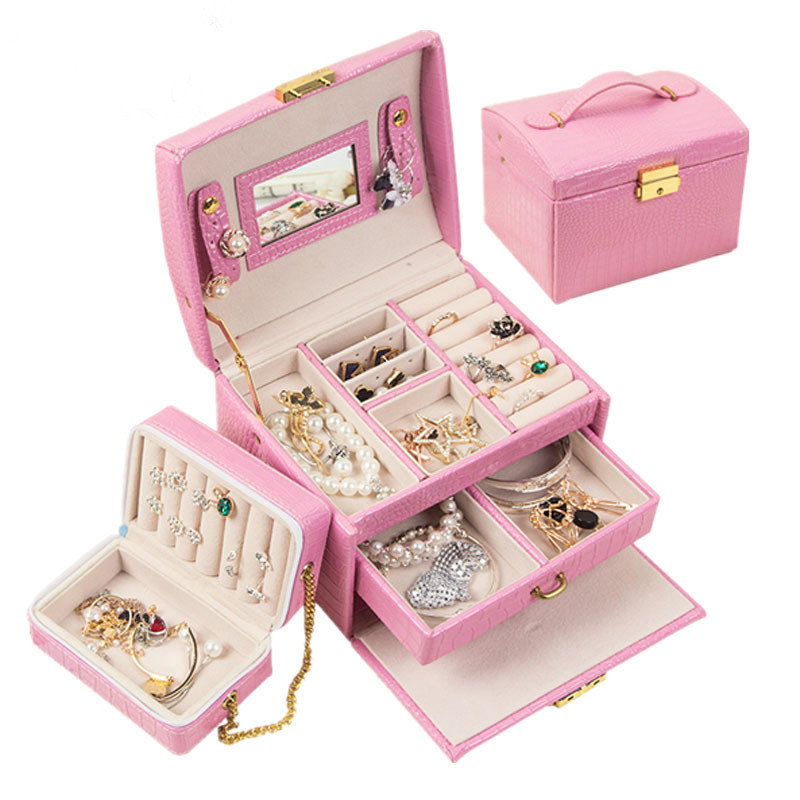 New Fashion High Quality Leather Jewelry Box 7 Colors With Small Protable Travel Jewelry Casket 3 Layers Gift Box MX200810