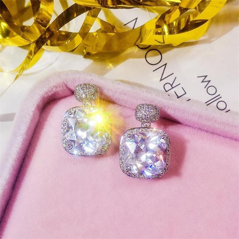 Sweet Cute Stunning Luxury Jewelry 925 Sterling Silver Cushion Shape White Topaz CZ Diamond Gemstones Drop Earring Women Dangle Earring Gift
