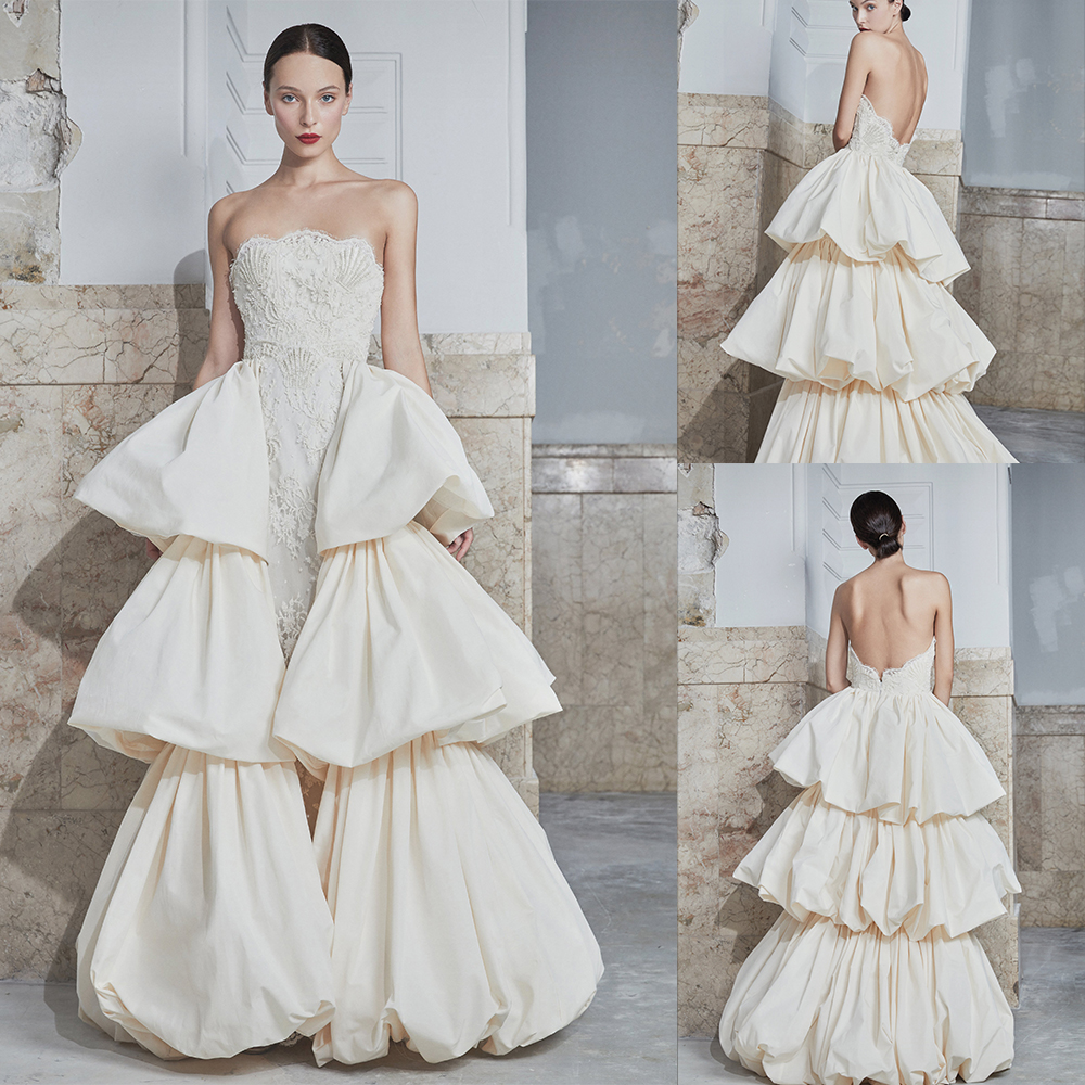 Gorgeous Juile Vino Evening Dresses Sexy Strapless Backless Tiered A Line Lace Appliqued Prom Dress Party Wear Custom Made Red Carpet Gowns