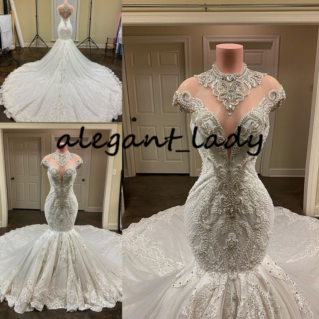 Luxury Cathedral Train Wedding Dresses 2021 High Neck Lace Applique Beaded Mermaid Princess Wedding Gown vestido novia sexy