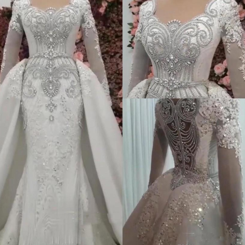 2021 New Crystal Mermaid Wedding Dresses Long Sleeves Shiny Sequined Beading Bridal Gowns Plus Size Handmade Elegant robes de mariée