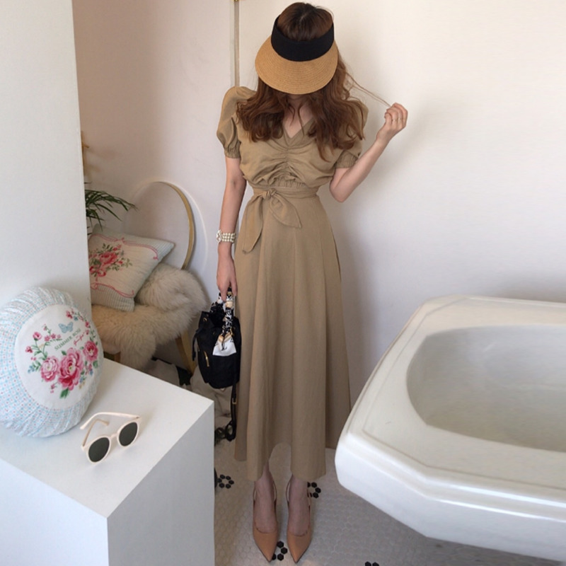 Gaganight Vintage Women Two Pieces Set Ruched Short Blouse Lace Up Long Solid Skirt Fashion Summer Lady Suit Korean 2 Pieces Set