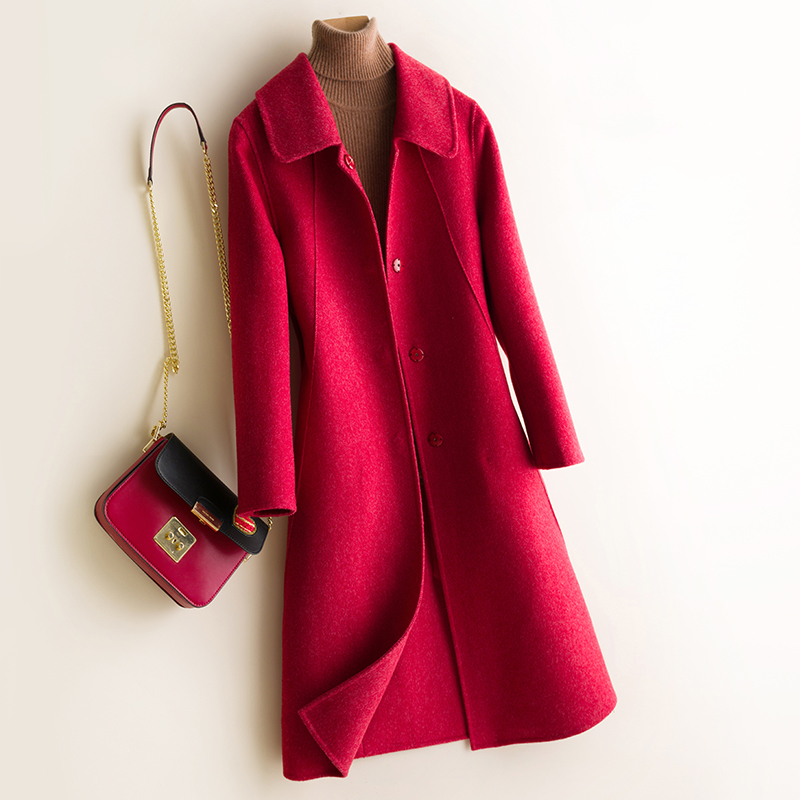 Korean Solid Women's Double-sided Coat 2020 New Autumn Winter Warm Wool Overcoat Female Long Suit Collar Woolen Jacket