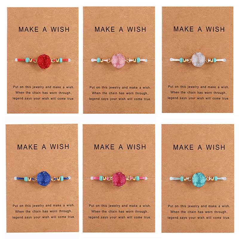 Fashion Druzy Resin Stone Bracelet Make a Wish Card Wax Rope Braided Bracelets Womens Korean Jewelry Gift