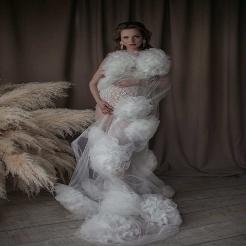 Newest Sexy Pregnant Woman Pajamas Ruched Tulle Hand Made Flower See Through Night Gown For Women Ruched Tiered Sweep Train Sleepwear