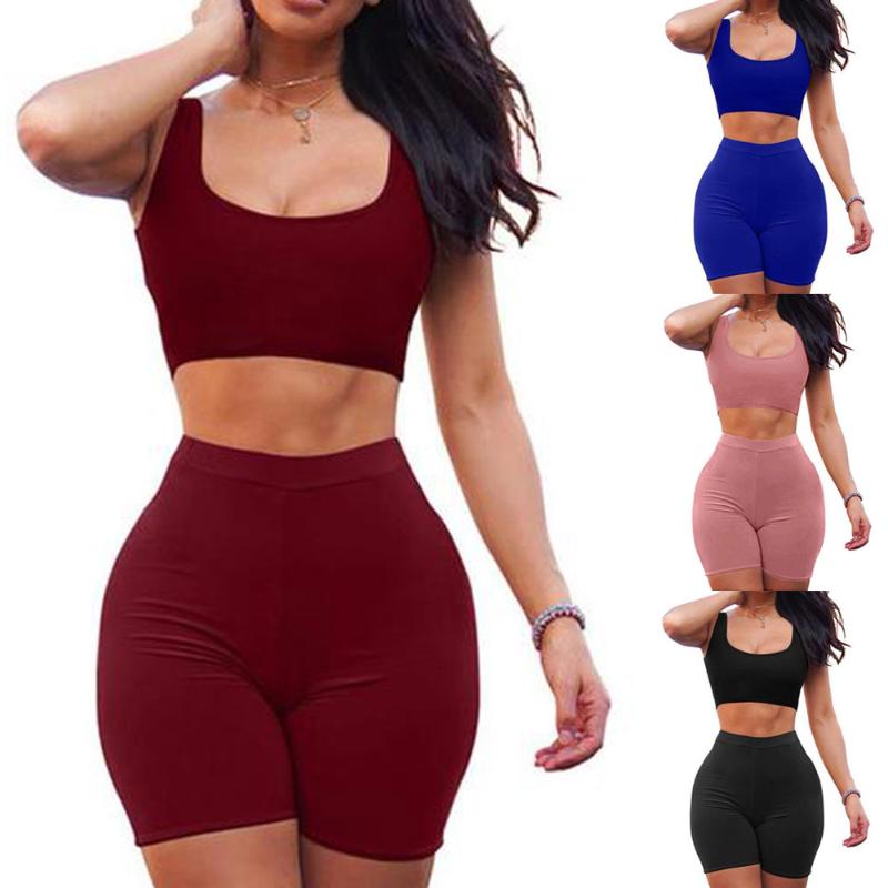 Womens Fashion Summer Two Piece Dress Crop Top Vest + Shorts Suit Slim Set Hot Female Clothing, Blue