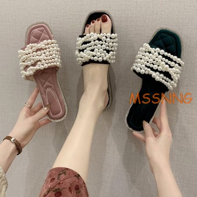 Pearl Slippers Women Summers New Slippers String Bead Outdoor Comfortable Ladies Shoes Open-toed Flat Women's, Black